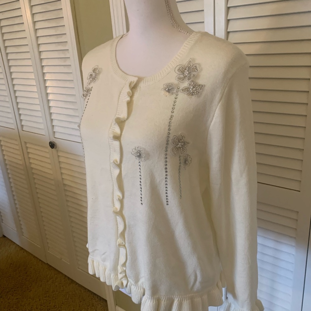 Badgley Mischka Embellished Cream Cardigan with Ruffle Trim Size XL NWT - Picture 7 of 14